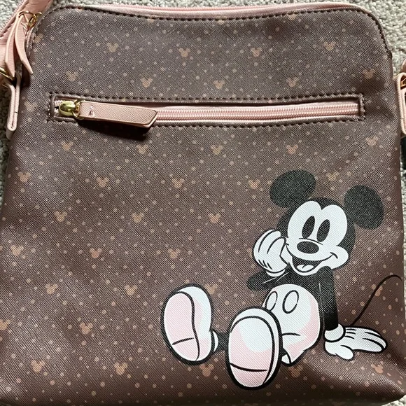 Disney Mickey Mouse Print Crossbody Purse Handbag Brown & Pink - Picture 2 of 8